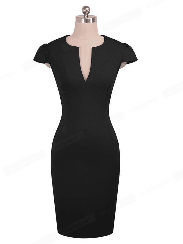  robe de bureau Vintage d'été pour femmes, col en V profond, fermeture éclair au dos, crayon extensible formel, moulante, avec poche, noir
